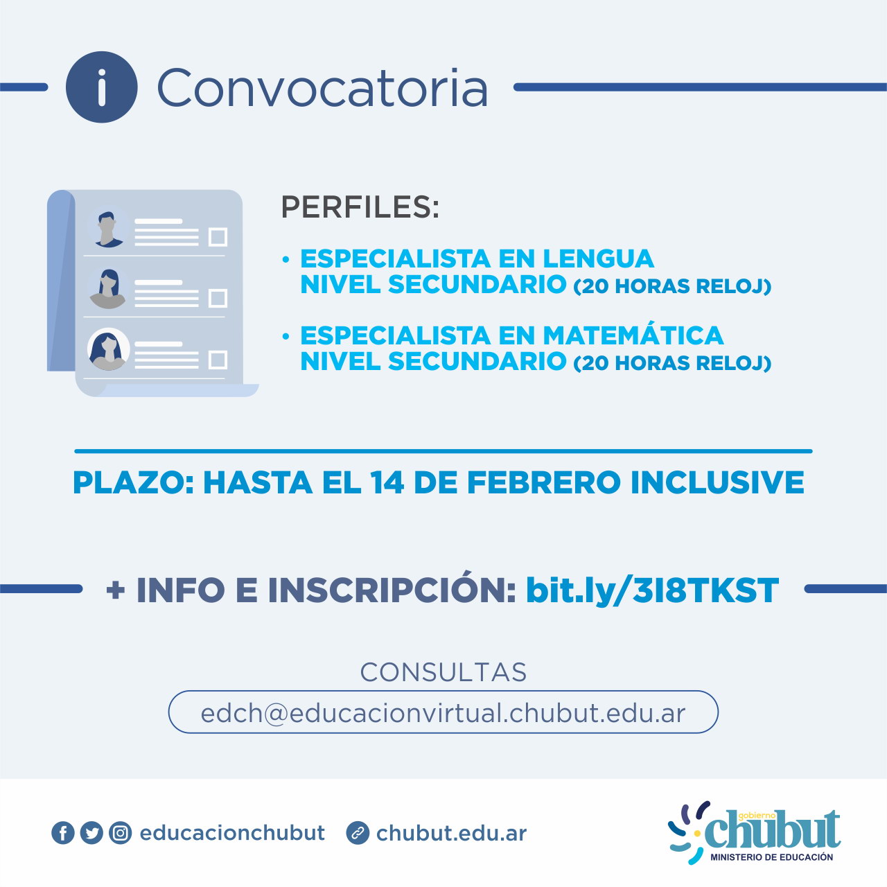 Lee más sobre el artículo Convocatoria Especialista en Lengua / Especialista en Matemática – Nivel Secundario